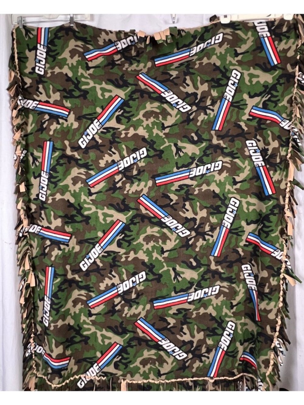G.I. Joe Fleece Blanket 50x64 Camouflage Logo w/Tie Fringe OOAK Cozy Nostalgia